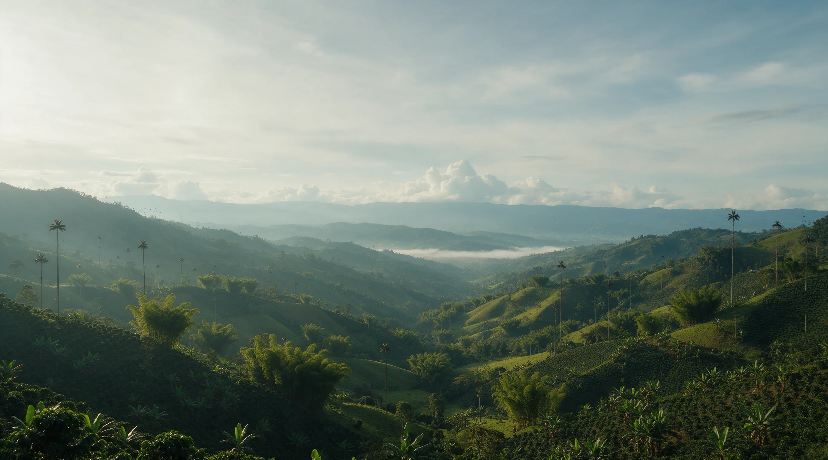 The Coffee Axis from a ridge near Filandia: green hills, wax palms and guadua bamboo, mist in the valley floor.